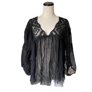 Free People - Black Long Balloon Sleeve Tulle Lace Top - Size M